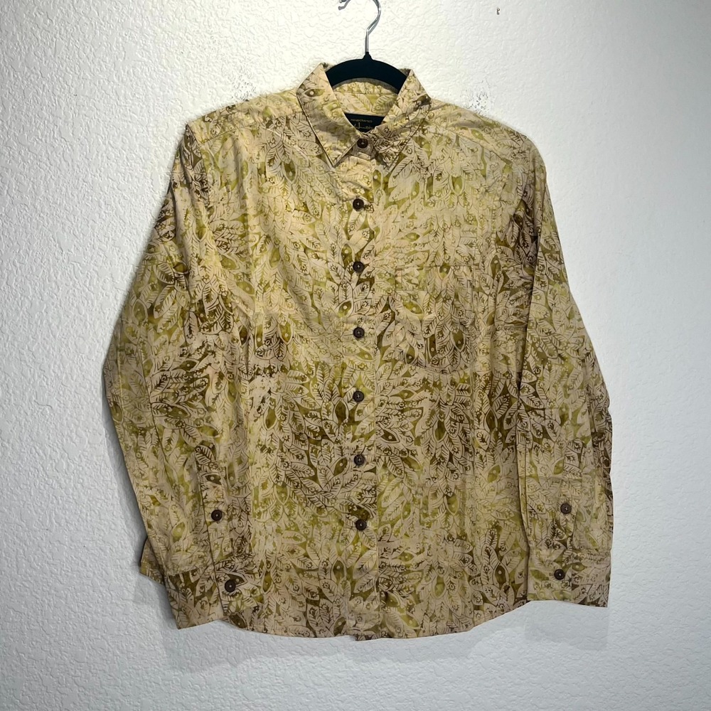 Pete Huntington Bali Hawaiian Shirt Mens M Green Tan Botanical Print Button Up‎